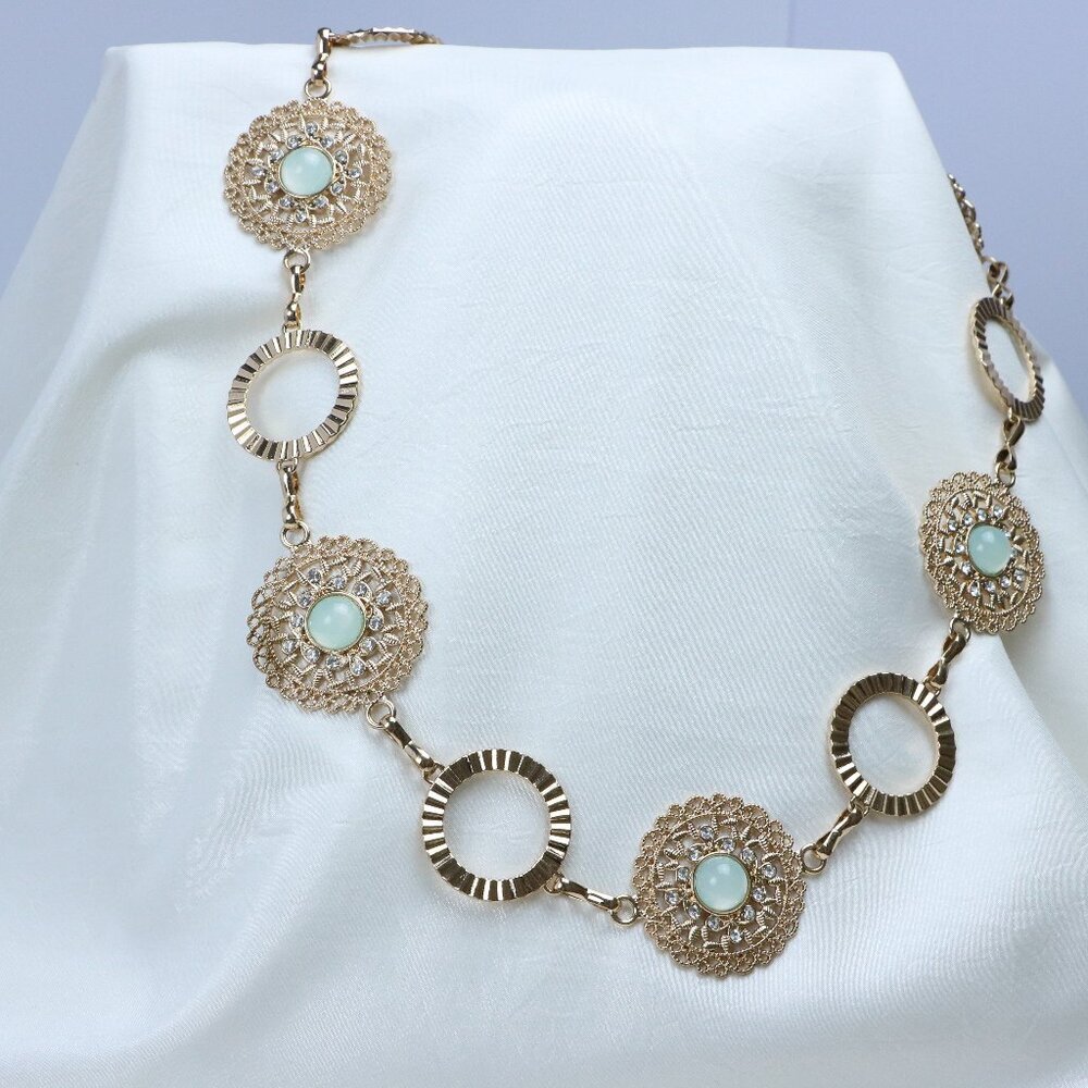 Gold-Tone Filigree Medallion Necklace with Pale Green Stone Accents